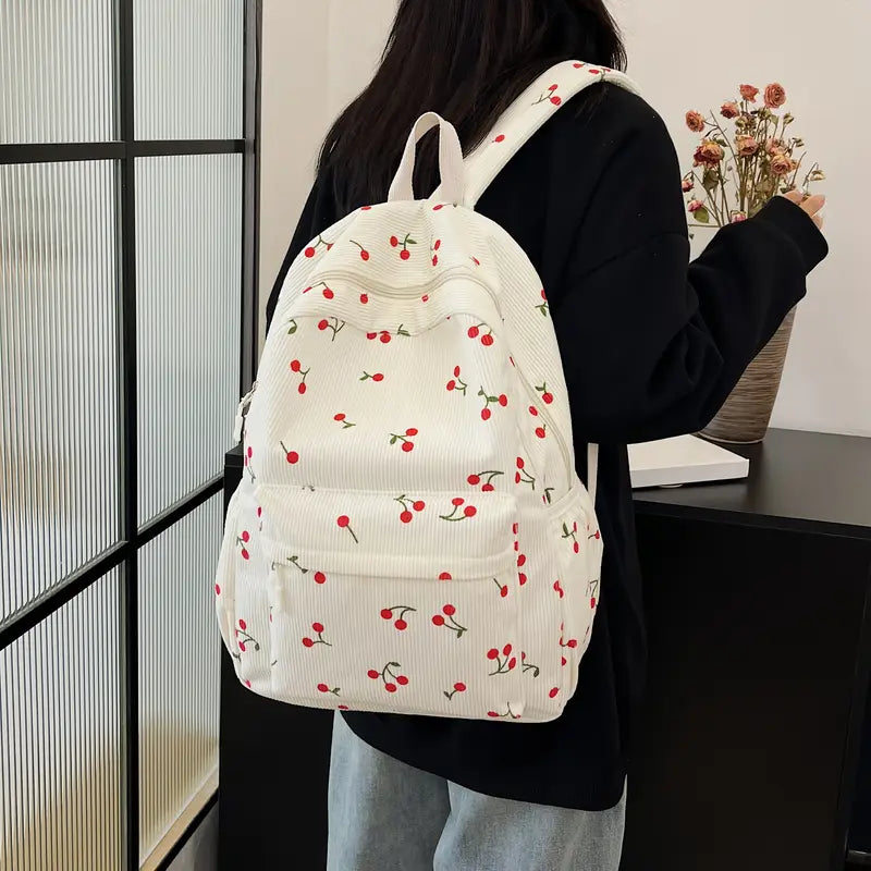 Cherry Print Corderoy Backpack