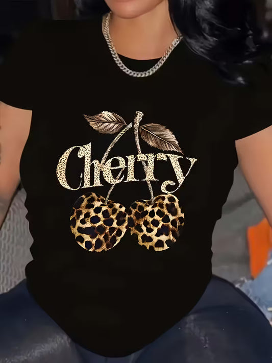 Plus Size Leopard Print Cherry Pattern Women's Fashion T-shirt