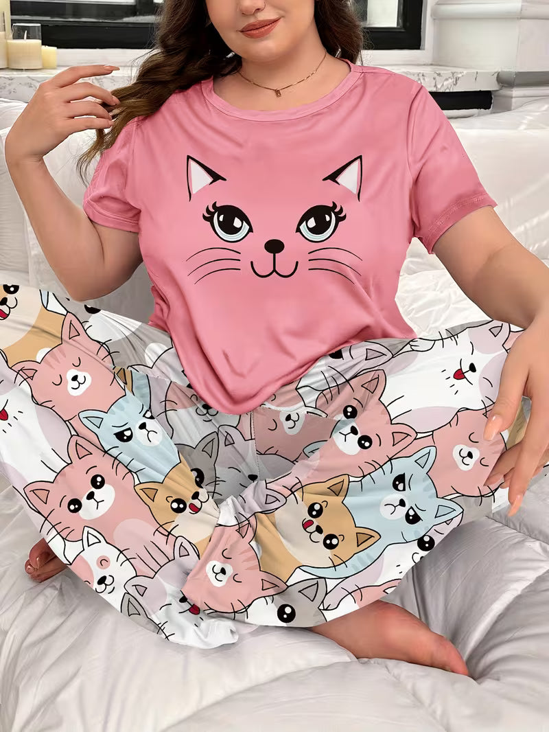 Women's Plus Size Cartoon Cute Cat Pajama Set