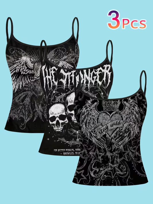 3pcs Gothic Sleeveless Tops with Full-Body Dark Winged Skull & Crossbones Print