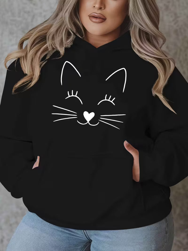 Women'S Plus Size Smiling Cat Graphic Hoodie