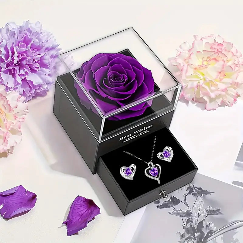 Rose soap flower gift box, heart-shaped love rose necklace, earring combination set
