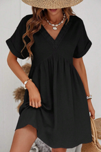 Load image into Gallery viewer, Black Folded Short Sleeve Lace V Neck Mini Dress