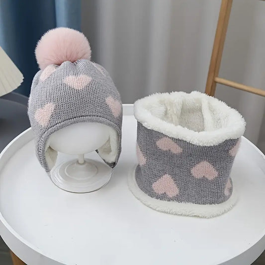 Girls Heart Cozy Fleece-Lined Knit Hat Set