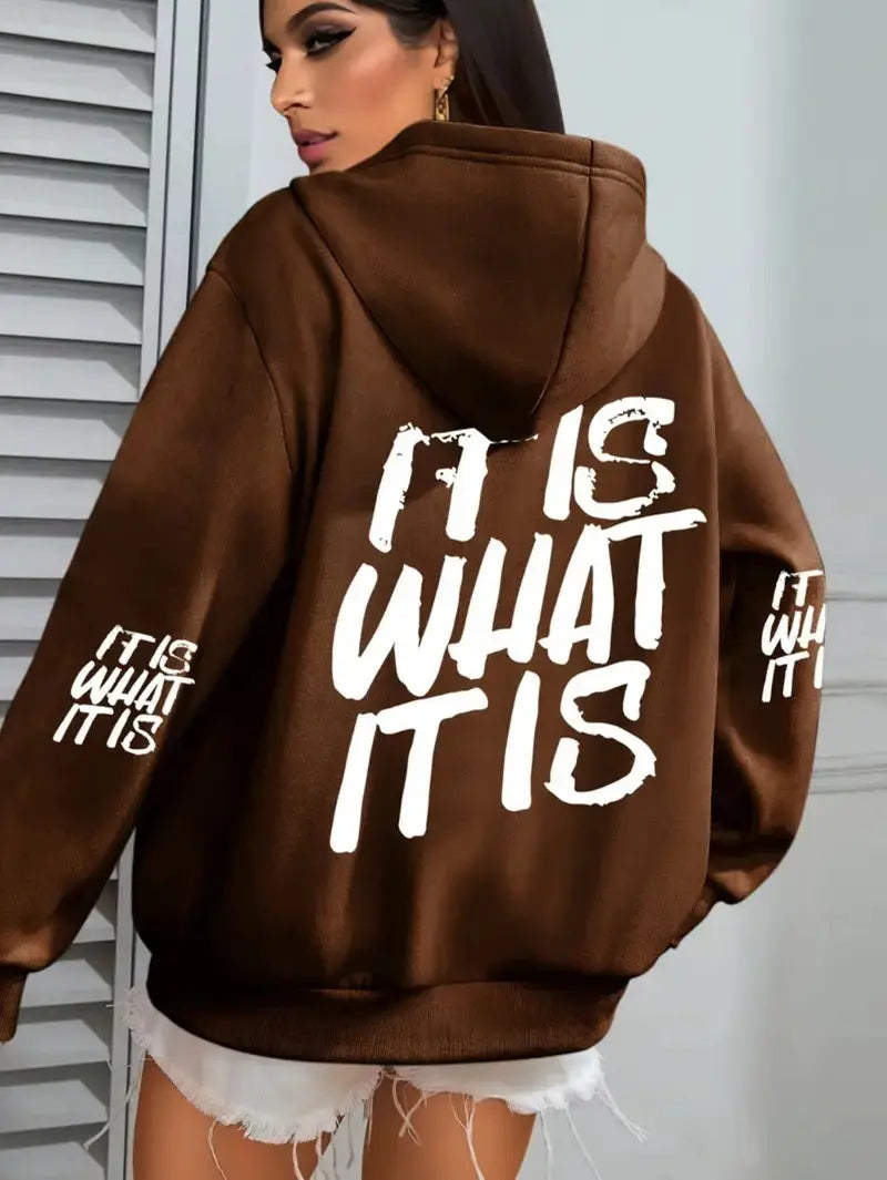 Plus Size, IT IS WHAT IT IS Letter Print Hooded Fleece Sweatshirt