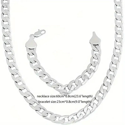 925 Sterling Silver 9mm Cuban Chain Necklace and Bracelet Set