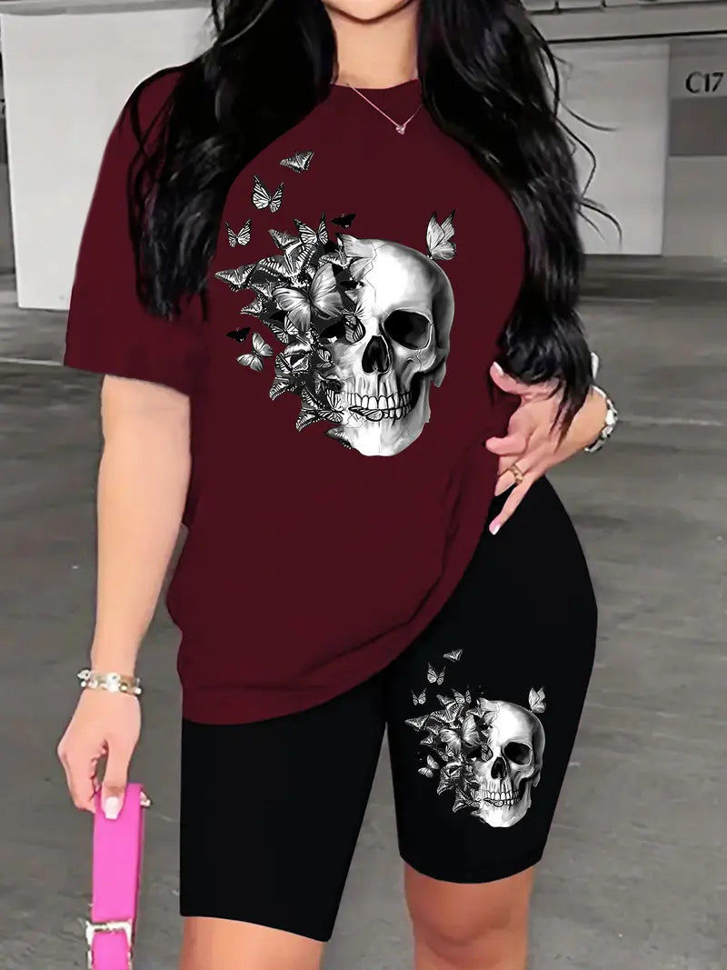 Women'S Casual Two-Piece Set with Butterfly Skull Print