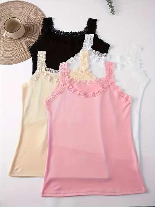 4pcs Solid Lace Trim Vest Tops