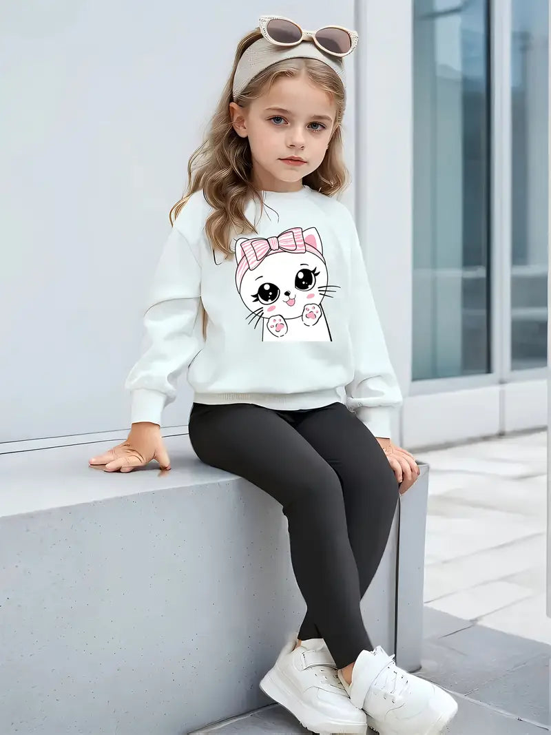 Fashionable Girls' Casual Print Sweatshirt Paired with Solid Color Leggings