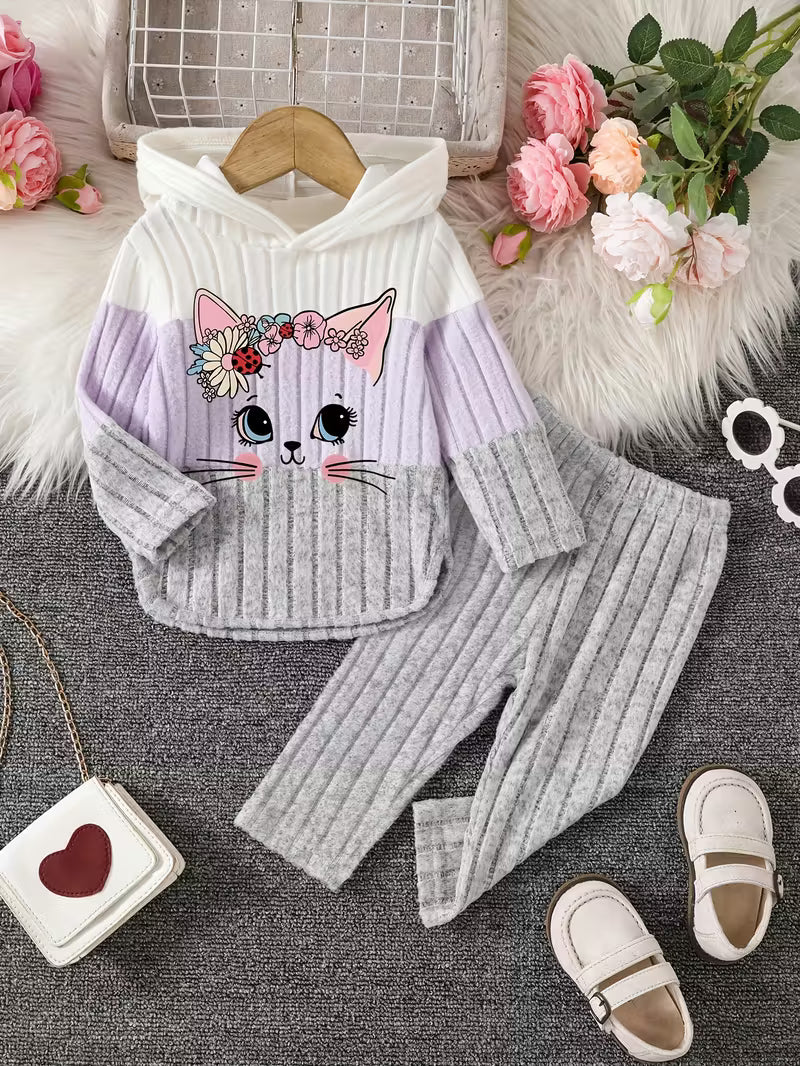 2pcs Girls' Winter Warm Hooded Sweater & Pants Set