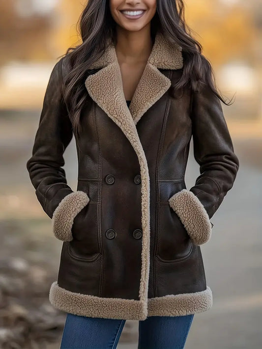 Women'S Elegant Brown Fleece-Lined Coat with Button Front & Pockets