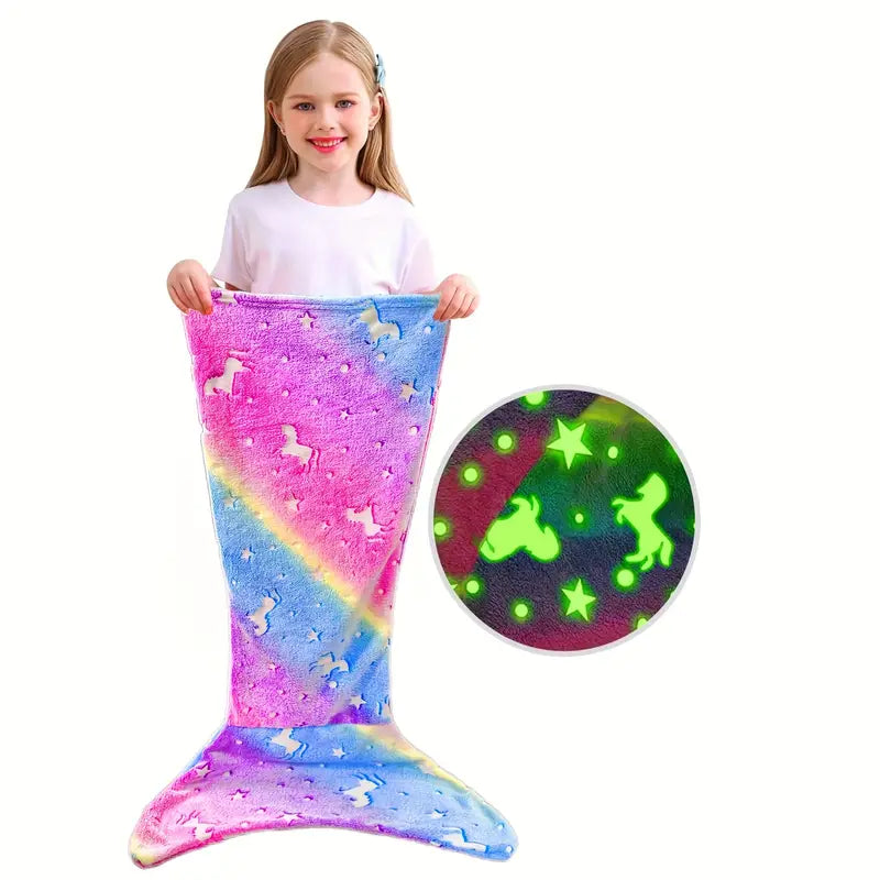 Glow In The Dark Cartoon Rainbow Unicorn Mermaid Tail Blanket