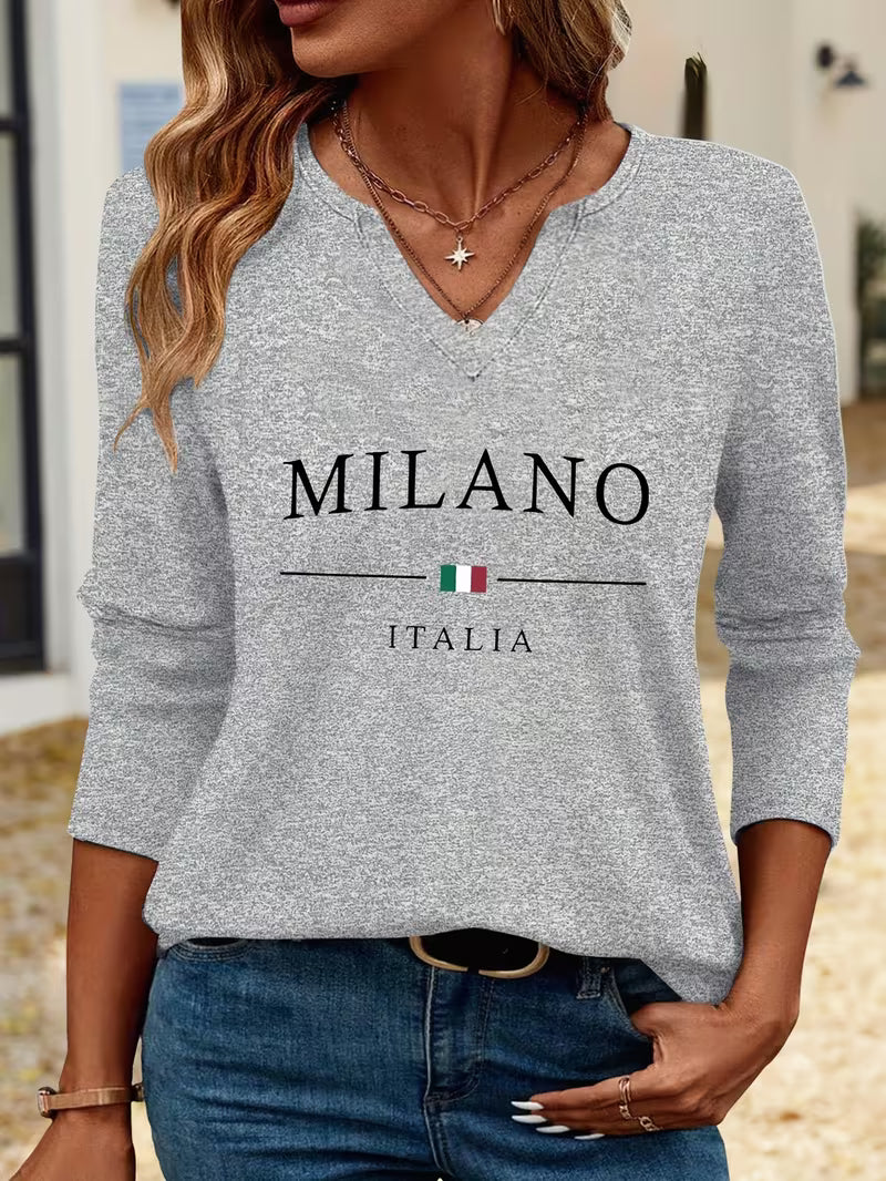 Women'S Casual V-Neck 3/4 Sleeve Milano Italia Letter Print Top