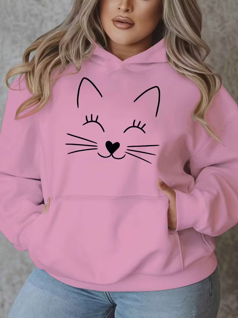 Women'S Plus Size Smiling Cat Graphic Hoodie