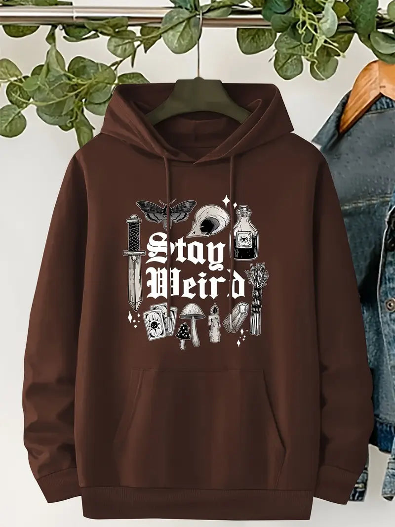 Cozy Gothic Mushroom & Wine Bottle Graphic Hoodie with Drawstring