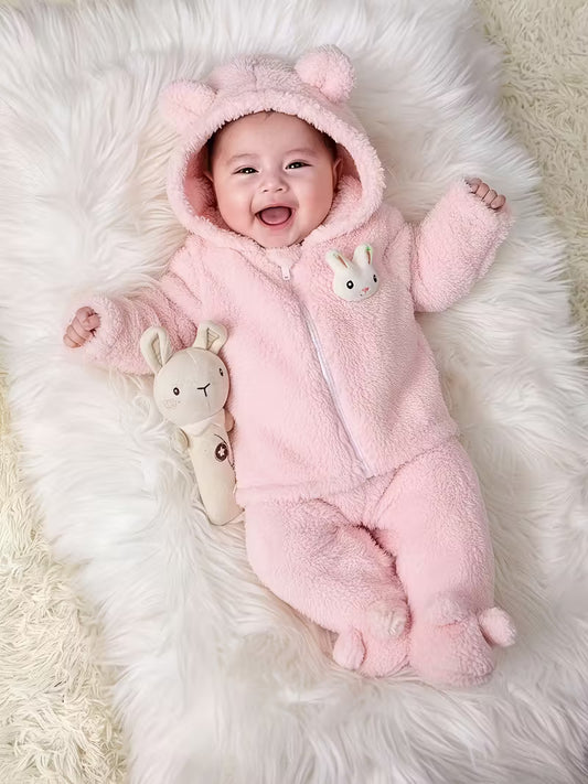 Newborn Girls Cute Pink Fluffy Cartoon Hooded Jacket and Elastic Waist Pants Set