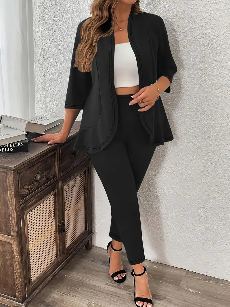 Women's Plus Size Solid Color Three-Quarter Sleeve Suit Jacket and Pants Set