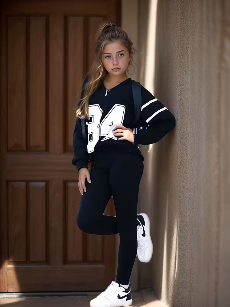 Girls Fashion Comfortable Large-Number Print Knit V-Neck Sweatshirt with Slim-Fitting Pants