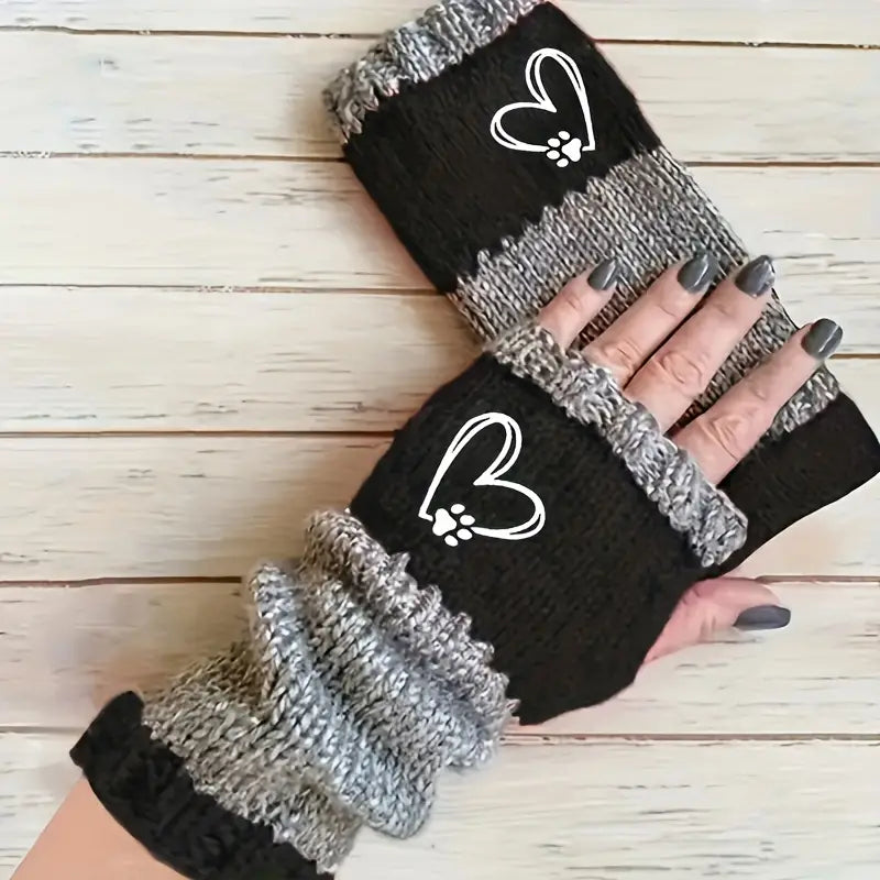 Women's Fingerless Gloves with Heart & Paw Print Design