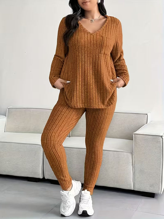 Plus-Size Casual Textured Striped V-Neck Top And Pants Set