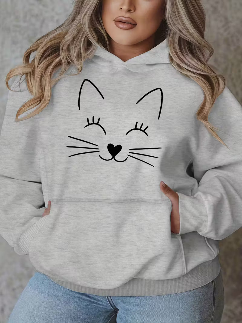 Women'S Plus Size Smiling Cat Graphic Hoodie