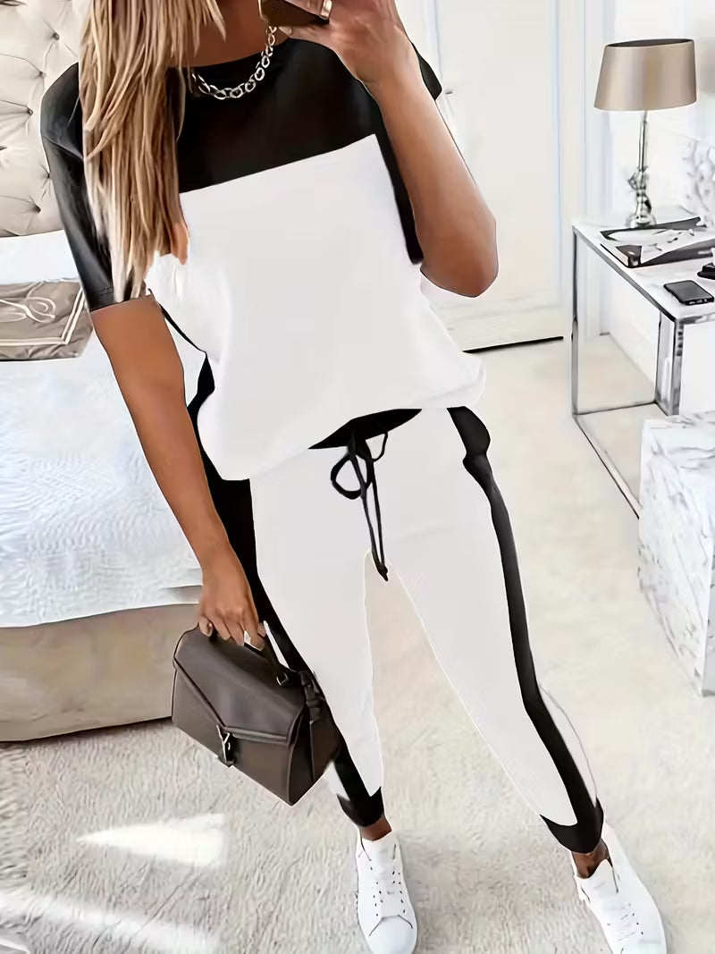 Casual Elegant Color Block Round Neck Long Sleeve T-Shirt and Pants Two-Piece Set
