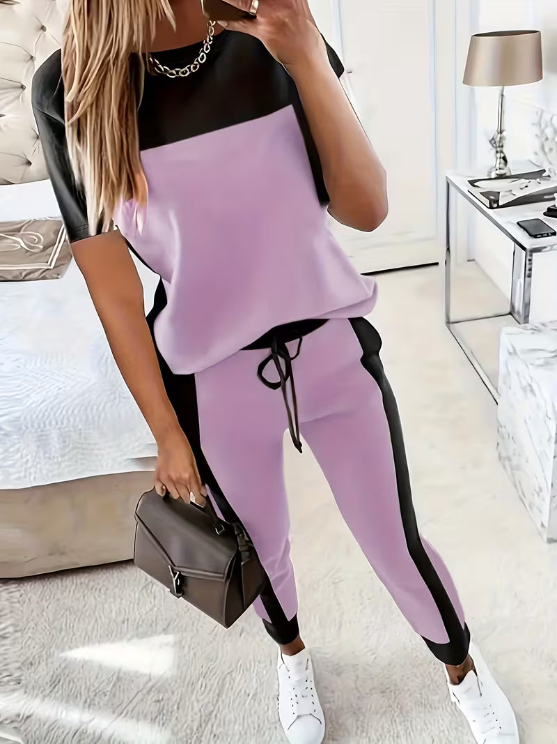 Casual Elegant Color Block Round Neck Long Sleeve T-Shirt and Pants Two-Piece Set