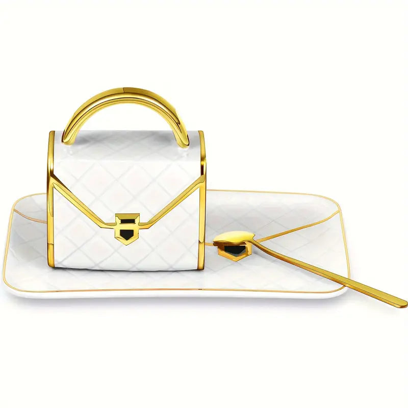 10oz Ceramic Coffee Cup, with Spoon and Plate Handbag Shape