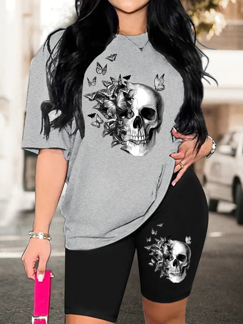 Women'S Casual Two-Piece Set with Butterfly Skull Print