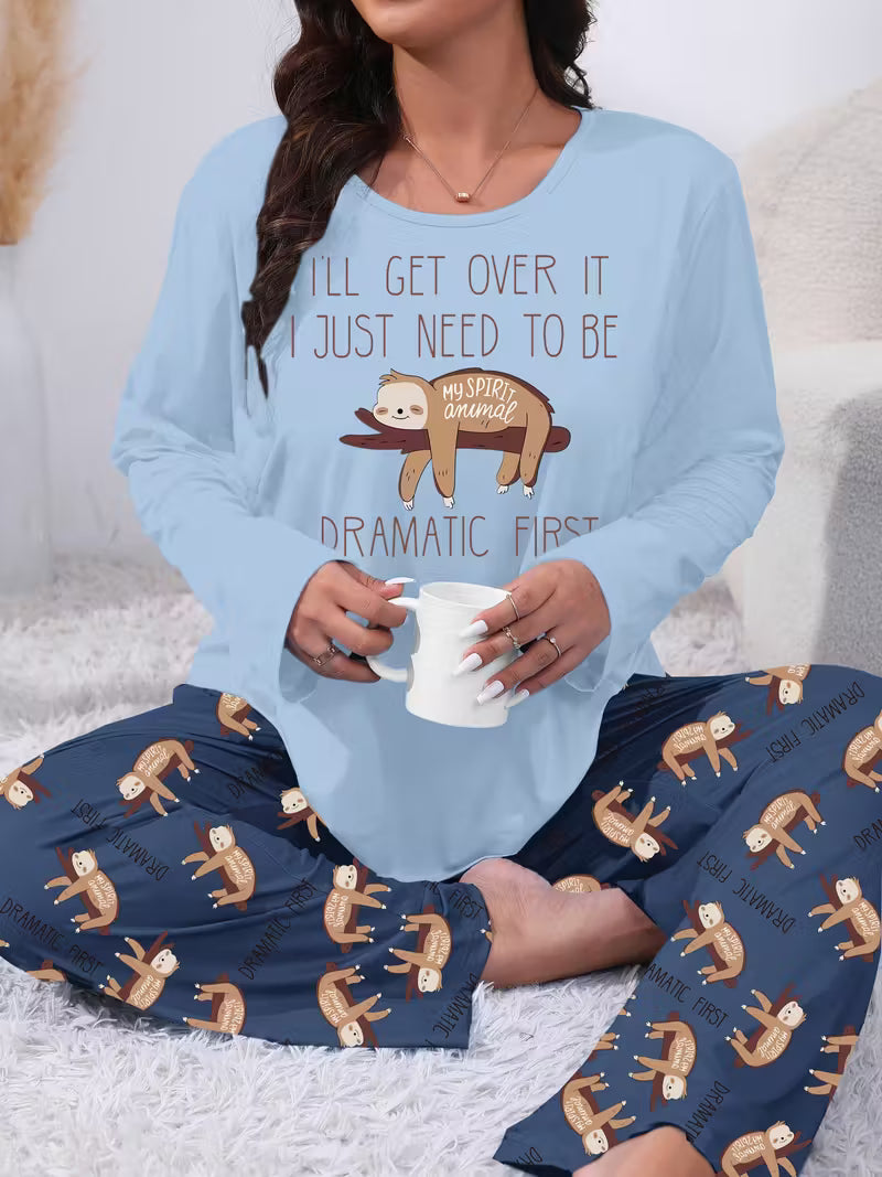 Plus Size Cute Sloth Print Long Sleeve Pyjamas