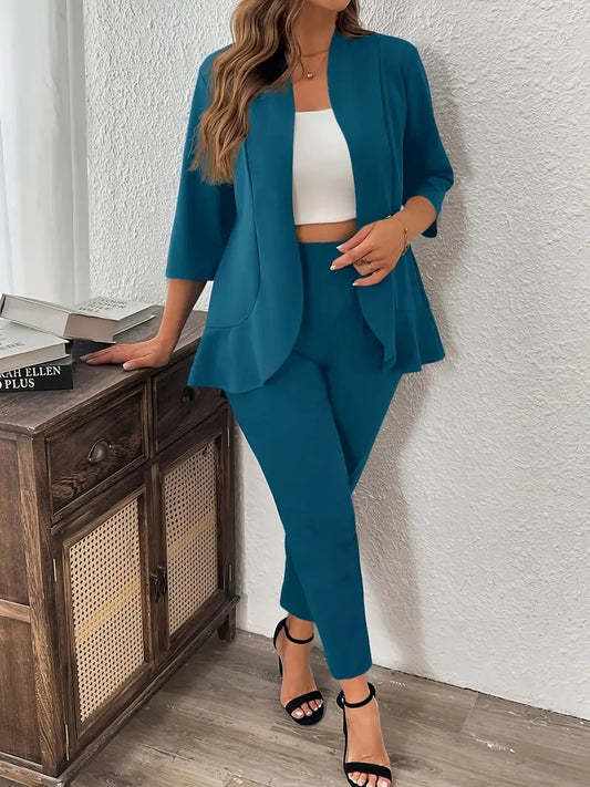 Women's Plus Size Solid Color Three-Quarter Sleeve Suit Jacket and Pants Set