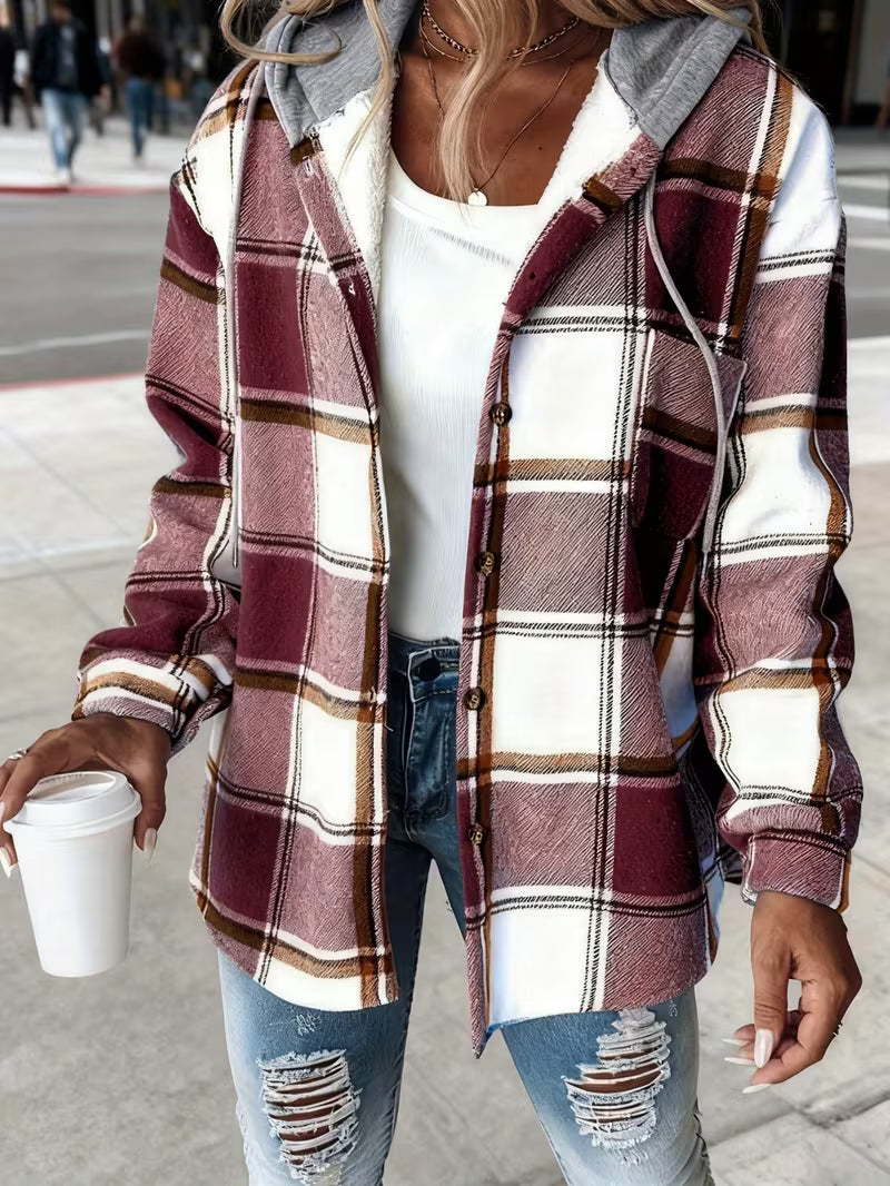 Women'S Plaid Hooded Jacket with Fleece Lining