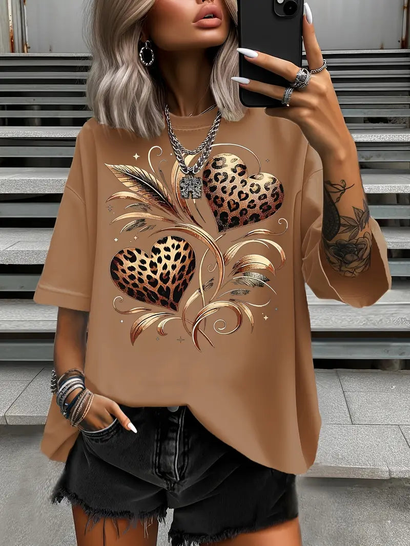 Women'S Plus Size Leopard Heart Print T-Shirt