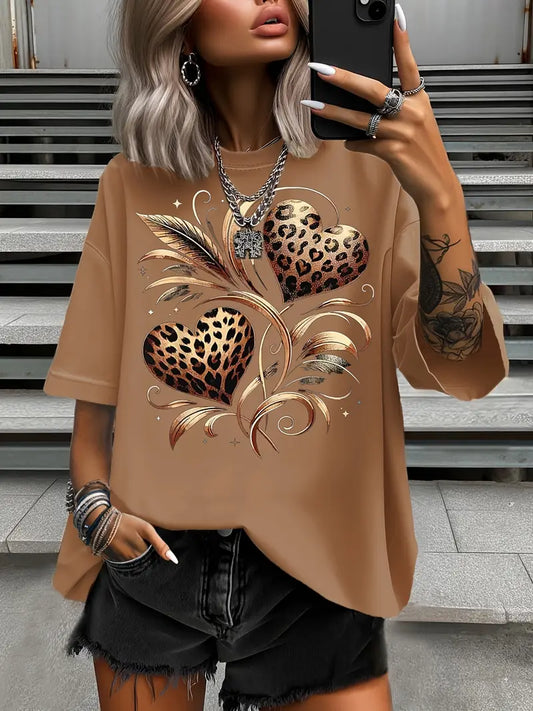 Women'S Plus Size Leopard Heart Print T-Shirt