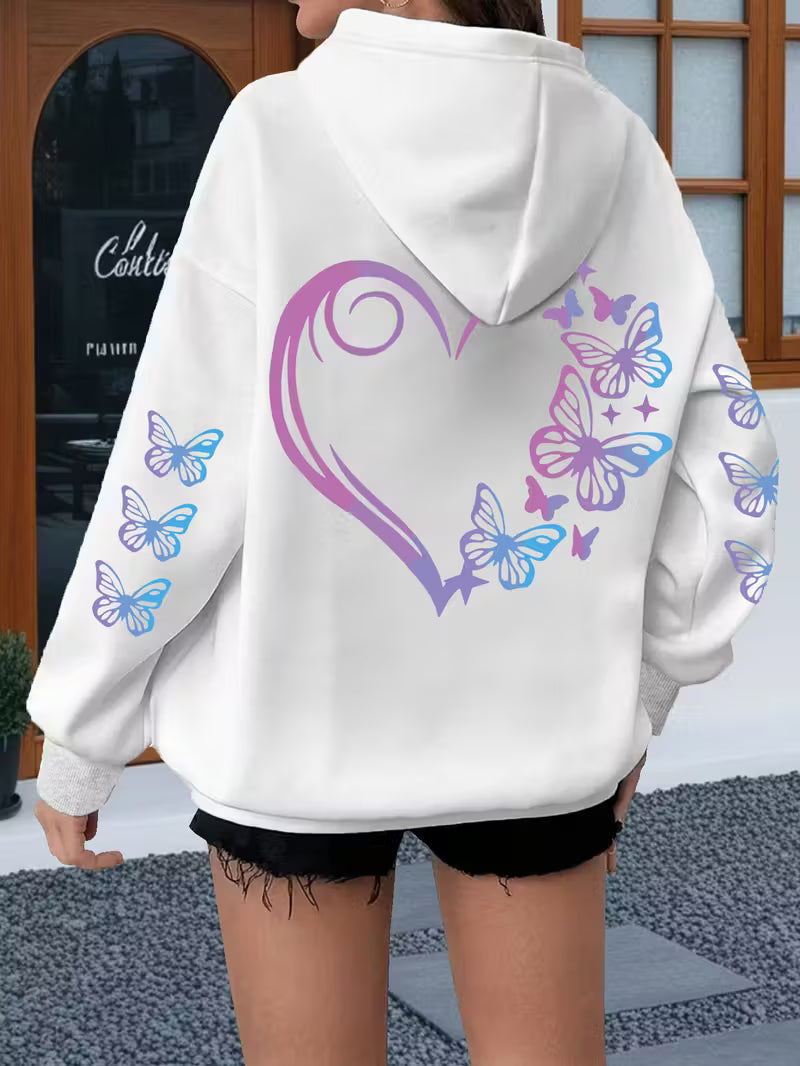 Women's Plus-Size Butterfly & Heart Print Hoodie