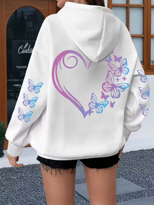 Women's Plus-Size Butterfly & Heart Print Hoodie