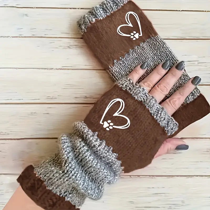 Women's Fingerless Gloves with Heart & Paw Print Design