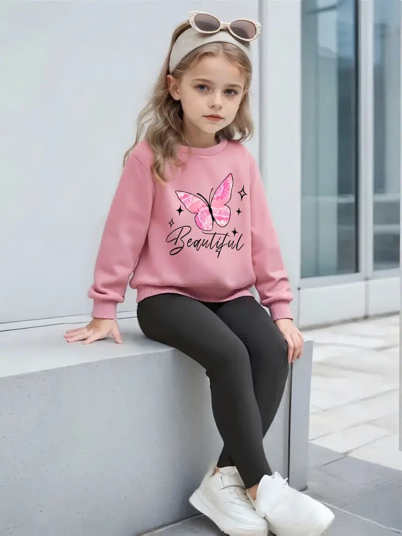 Girls' Casual Print Outdoor Sports Sweatshirt + Solid Color Leggings
