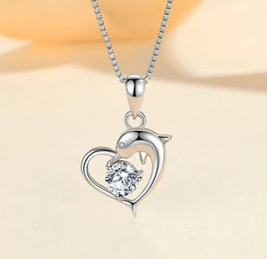 Crystal Heart Necklace with Dolphin