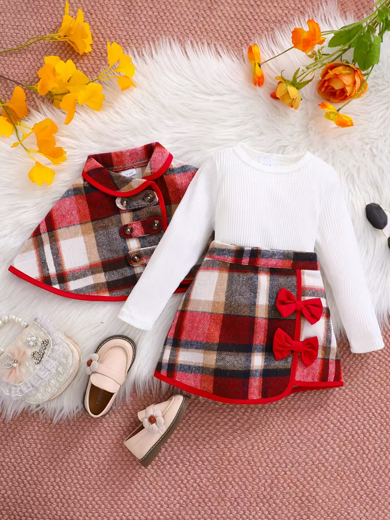 3pcs Girls' Elegant Plaid Tartan Winter Outfit Set with Ruffled Collar & Bow Detail