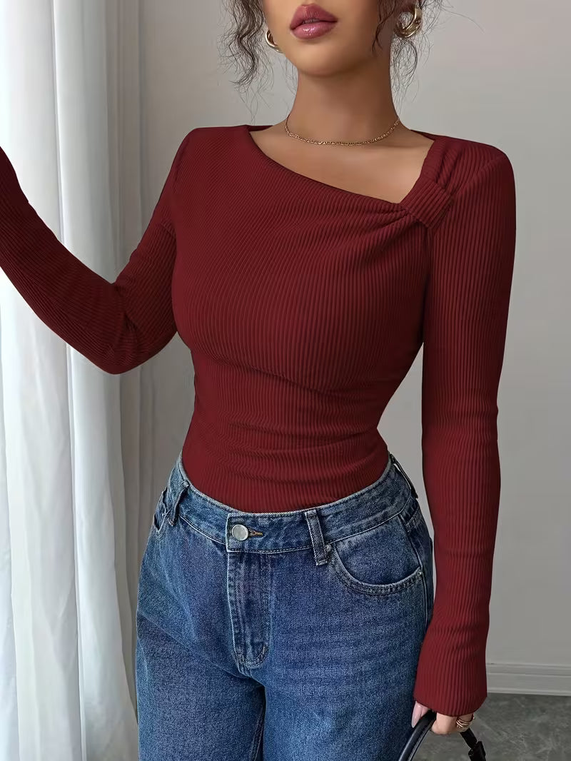 Solid Color Ribbed Twill Long Sleeve T-Shirt