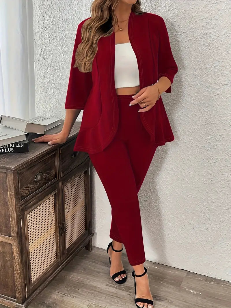 Women's Plus Size Solid Color Three-Quarter Sleeve Suit Jacket and Pants Set
