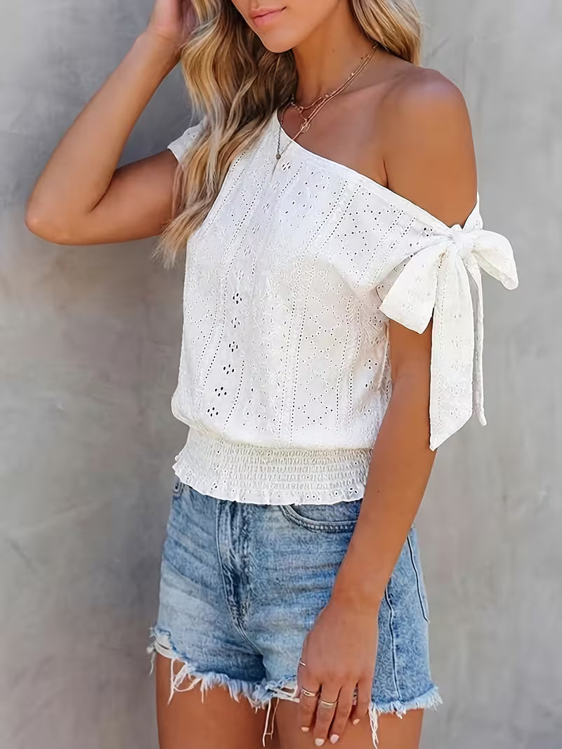 Solid Color Asymmetrical Neck Top with Bow Detail