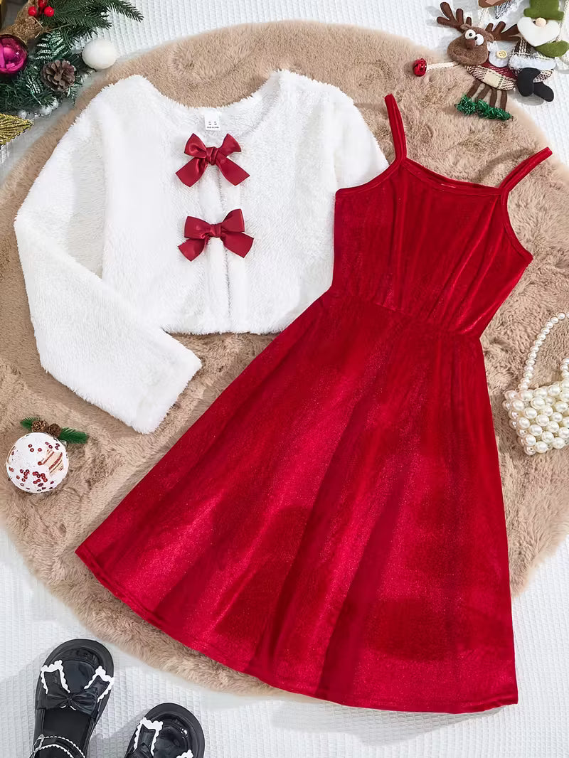 Elegant Red & Bow Short Sleeve Dress & Jacket Set