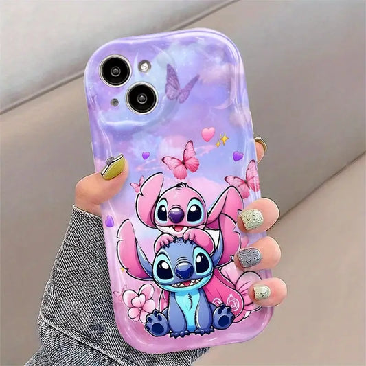 Adorable Stitch And Angel Phone Case Featuring a Heart And Butterfly Design