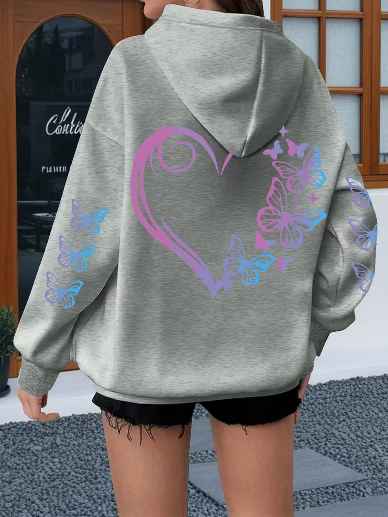 Women's Plus-Size Butterfly & Heart Print Hoodie