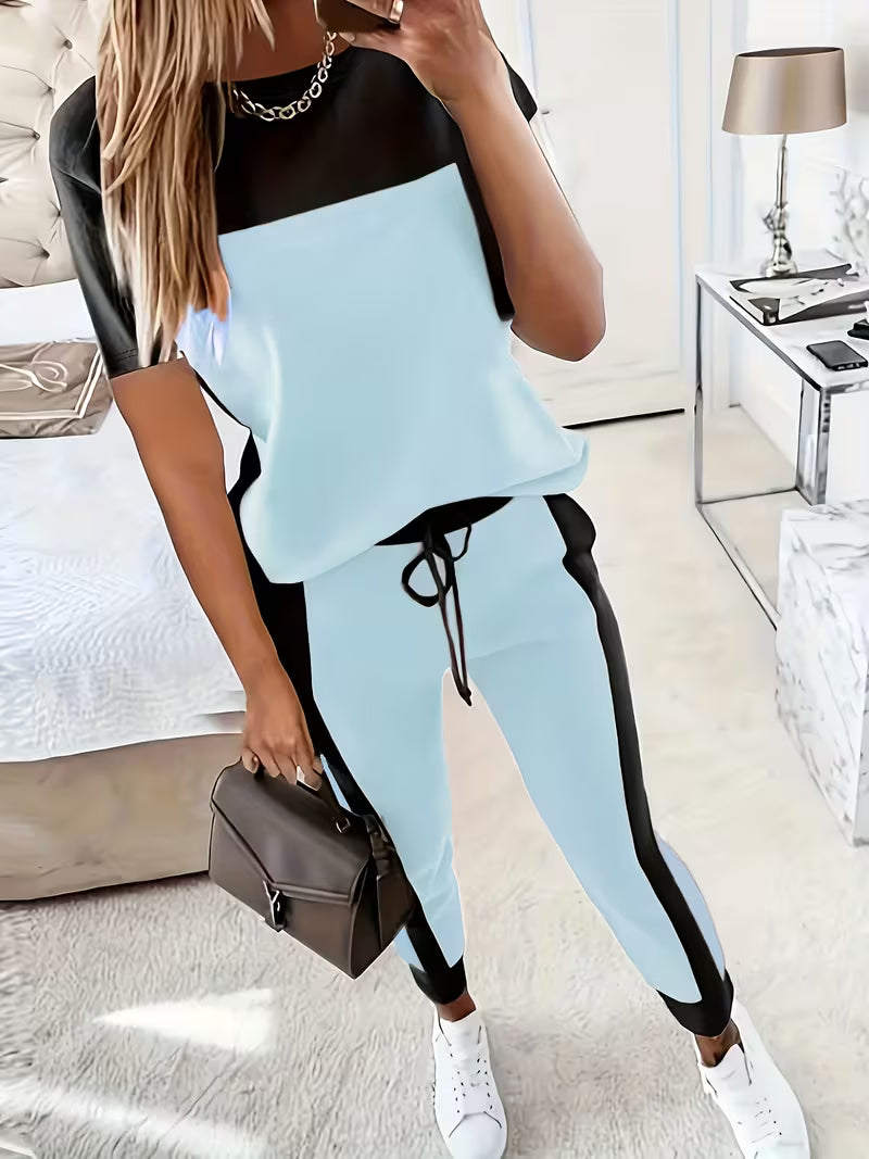 Casual Elegant Color Block Round Neck Long Sleeve T-Shirt and Pants Two-Piece Set