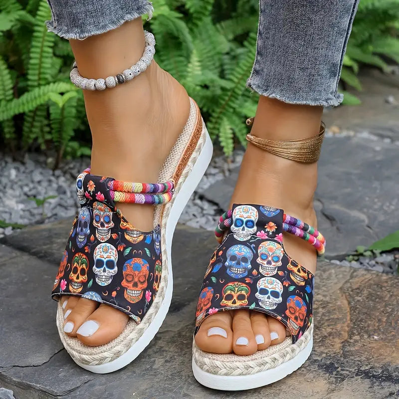 Slip-On Mid-Heel Open-Toe with Colorful Beaded & Skull Embellishments