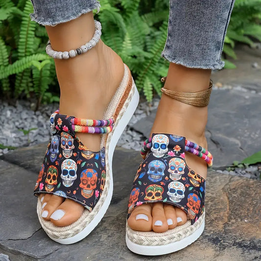 Slip-On Mid-Heel Open-Toe with Colorful Beaded & Skull Embellishments
