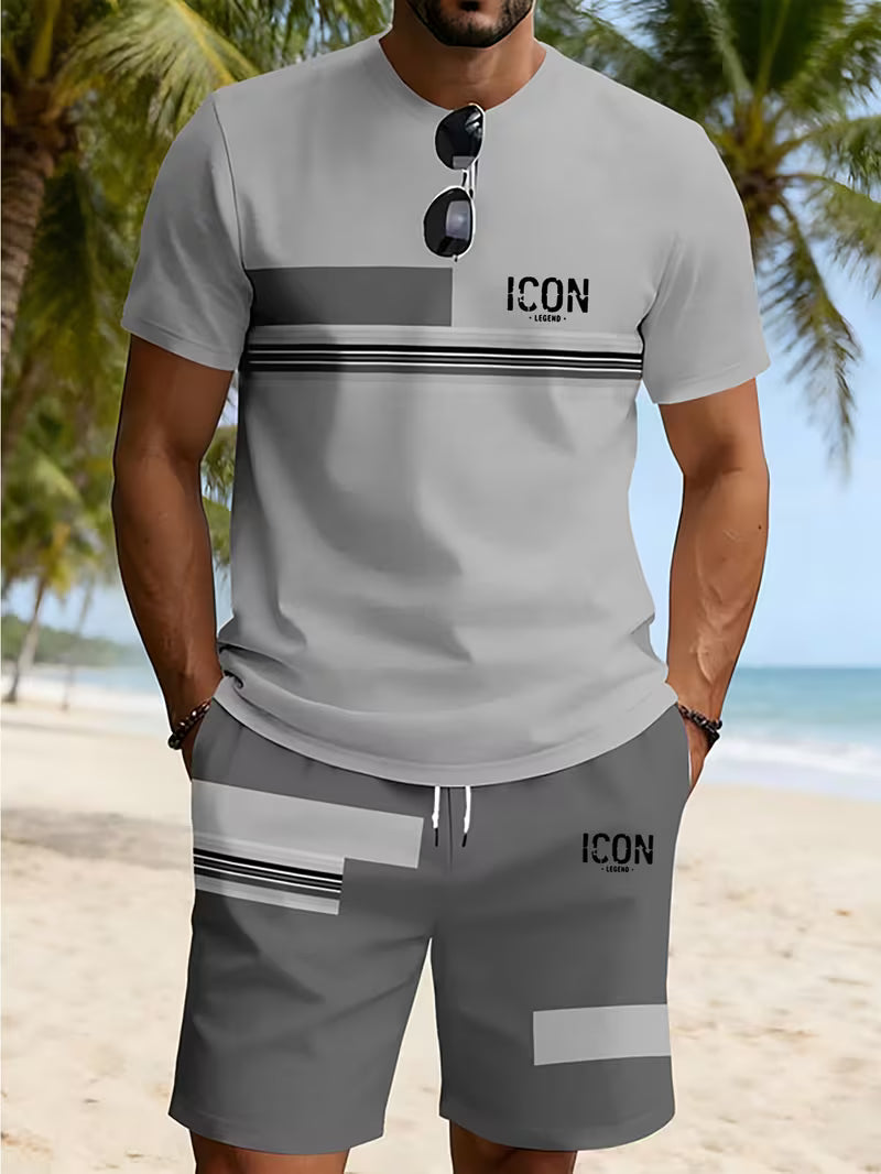 Men's Casual Trendy Loose Breathable Beachwear Short-sleeve T-shirt and Shorts Two-piece Set